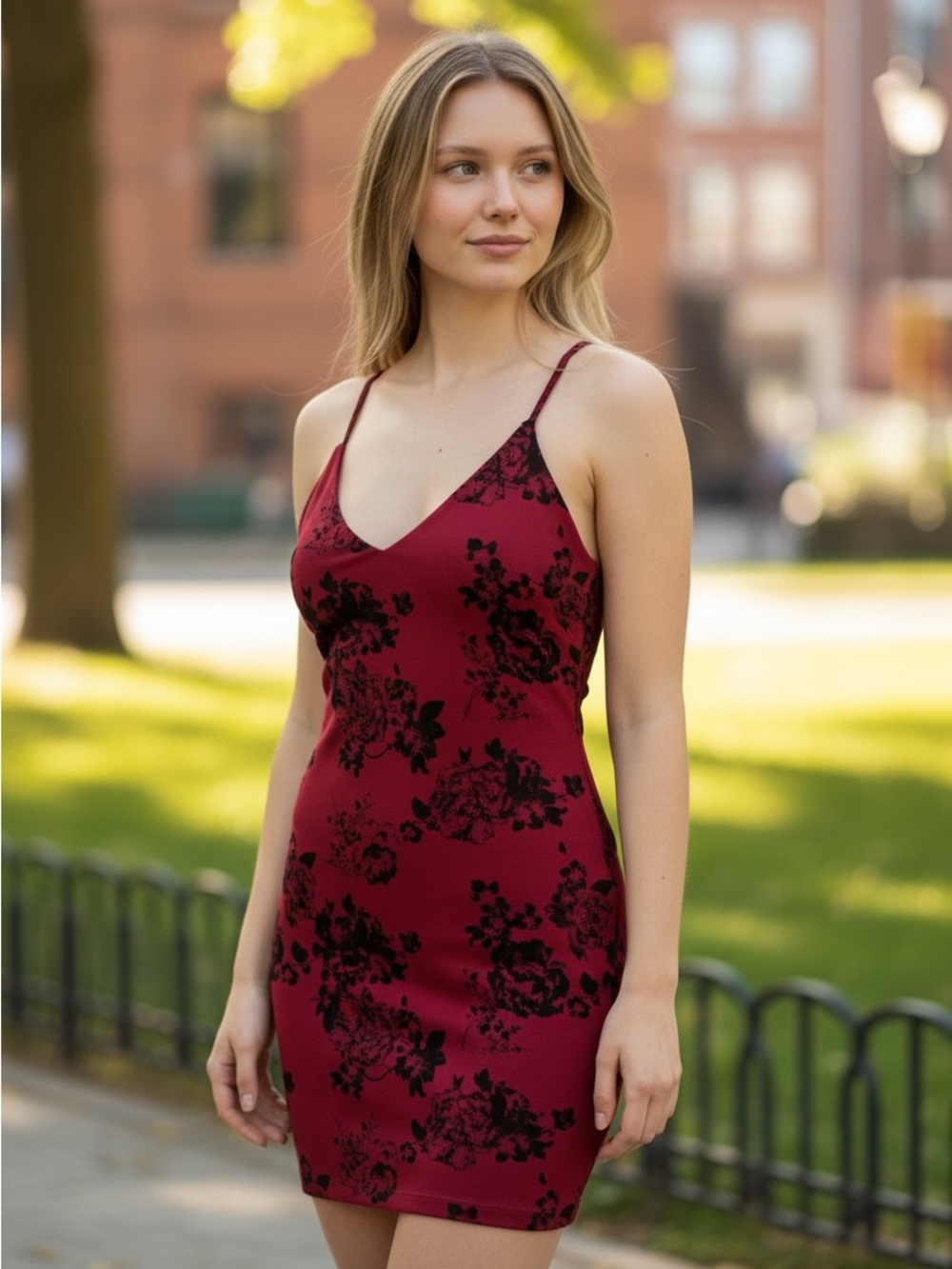 Wine Red Floral Slip Dress with Black Print